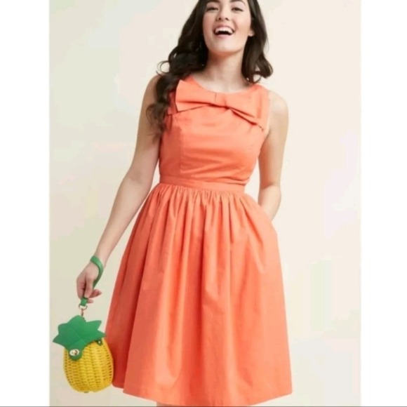 Modcloth Women's Size Large Revel and Relish Coral Orange Retro Bow Sun Dress - Picture 2 of 10